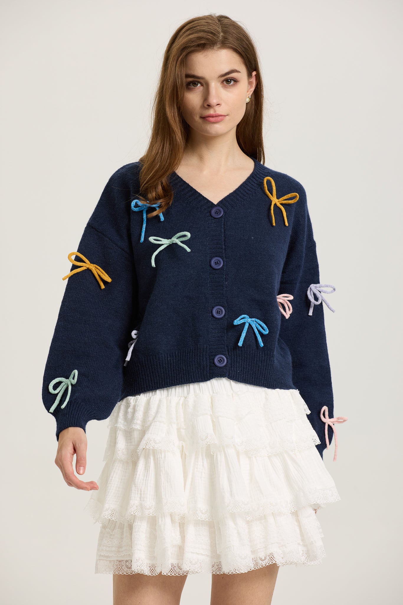 Navy Button-Up Cardigan with Multi-Color Bows (2S-2M-2L)