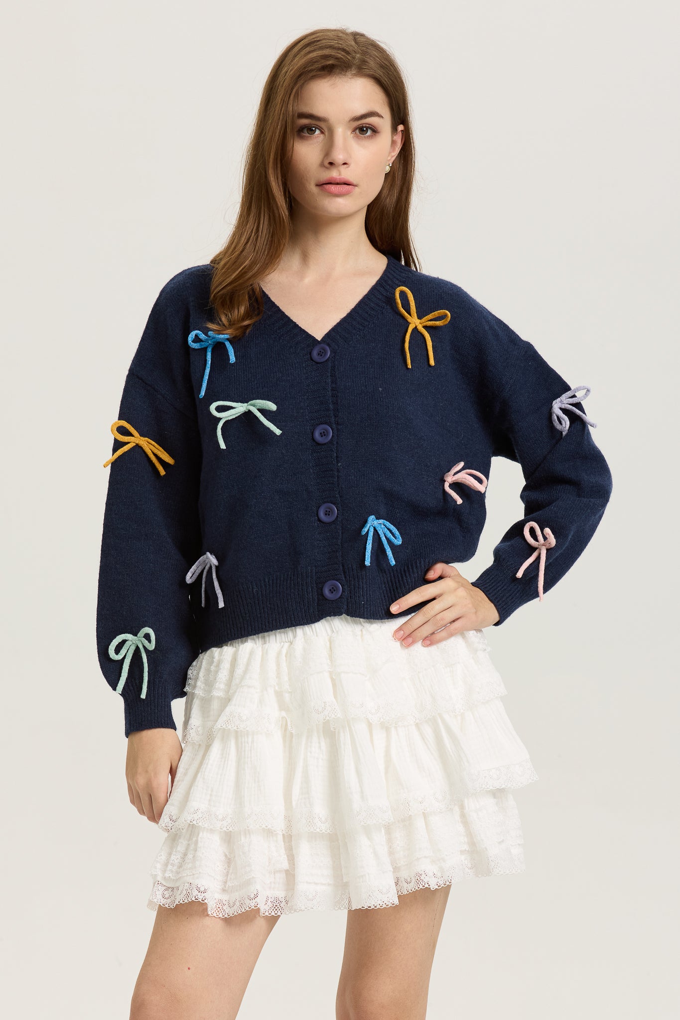 Navy Button-Up Cardigan with Multi-Color Bows (2S-2M-2L)