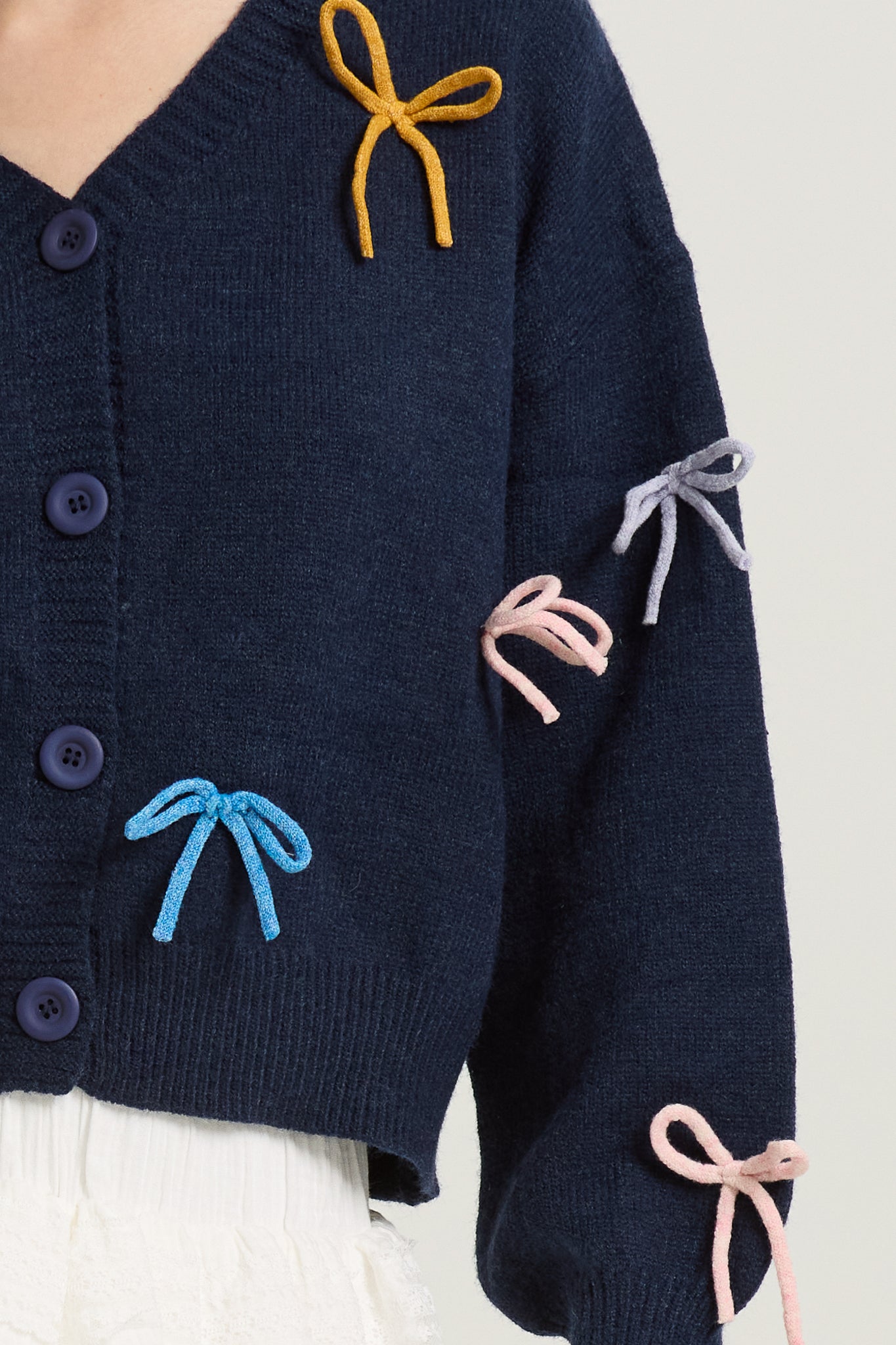 Navy Button-Up Cardigan with Multi-Color Bows (2S-2M-2L)