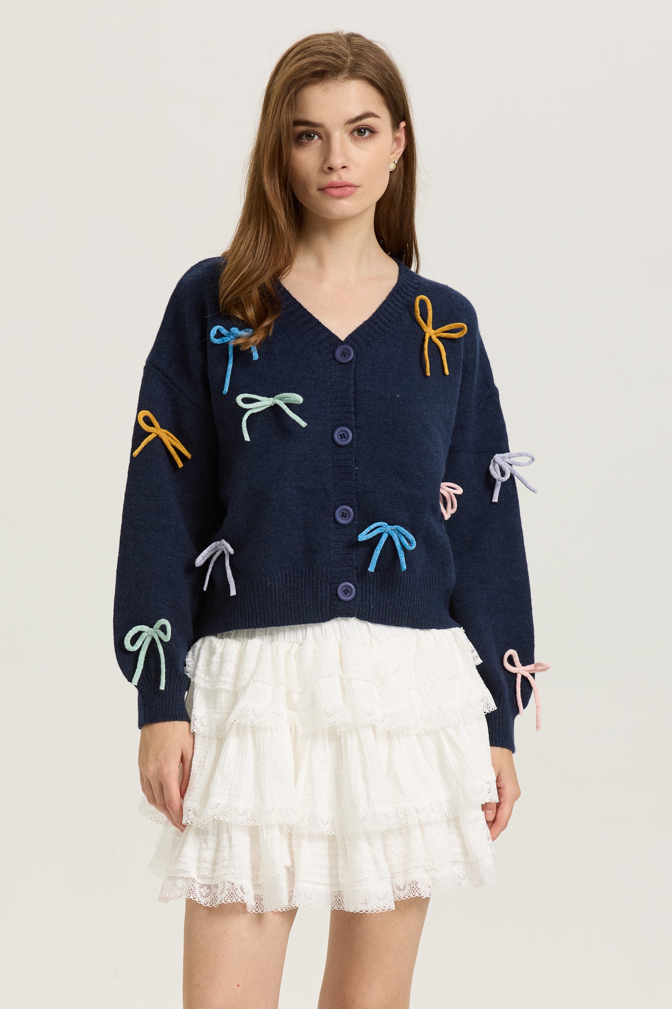 Navy Button-Up Cardigan with Multi-Color Bows (2S-2M-2L)