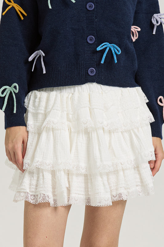 White Tiered Mini Skirt with Lace Trim and Ruffle Layers (2S-2M-2L)