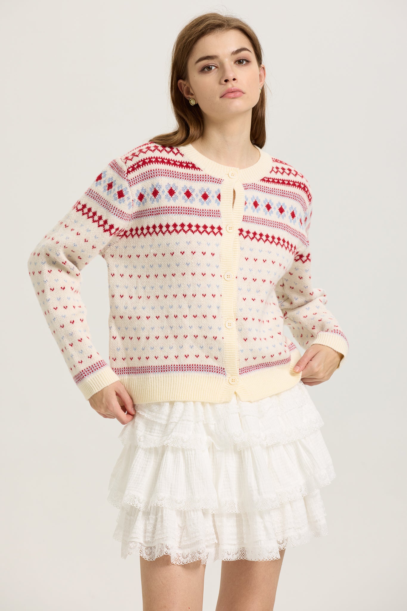 Fair Isle Knit Cardigan with Red and Blue Accents (2S-2M-2L)