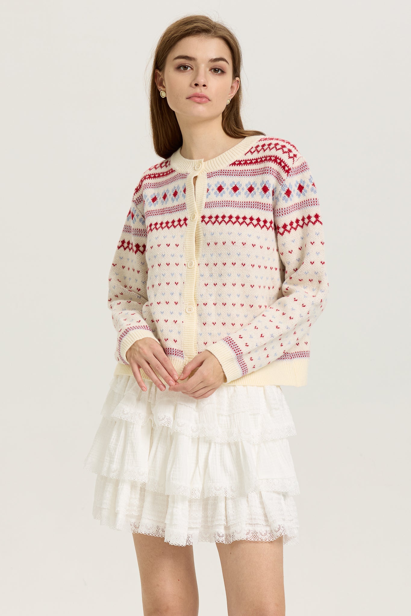 Fair Isle Knit Cardigan with Red and Blue Accents (2S-2M-2L)