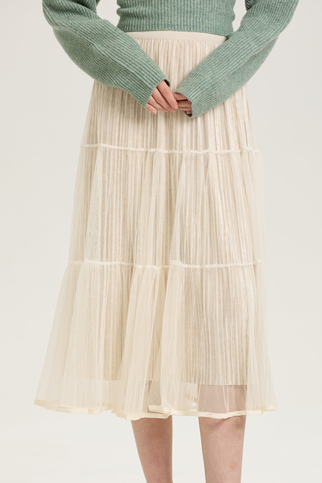 Ivory Layered Mesh Pleated Midi Skirt (2S-2M-2L)