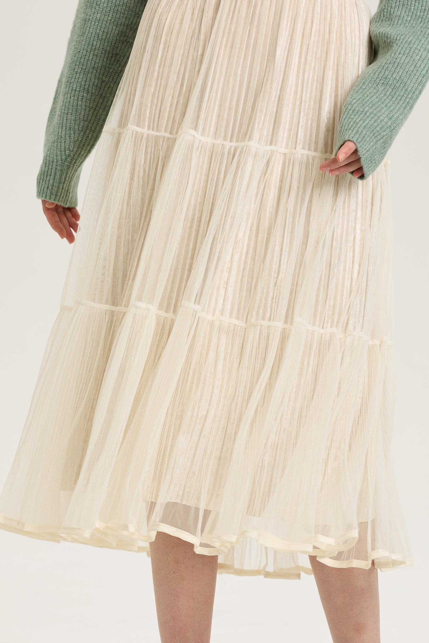 Ivory Layered Mesh Pleated Midi Skirt (2S-2M-2L)