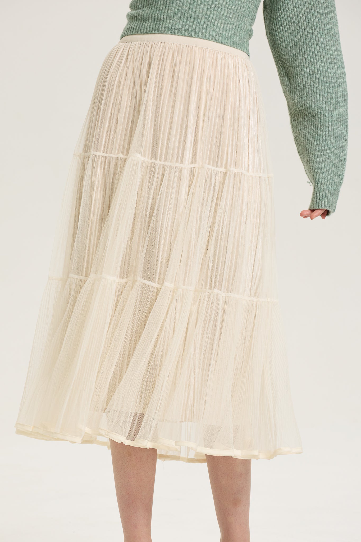 Ivory Layered Mesh Pleated Midi Skirt (2S-2M-2L)