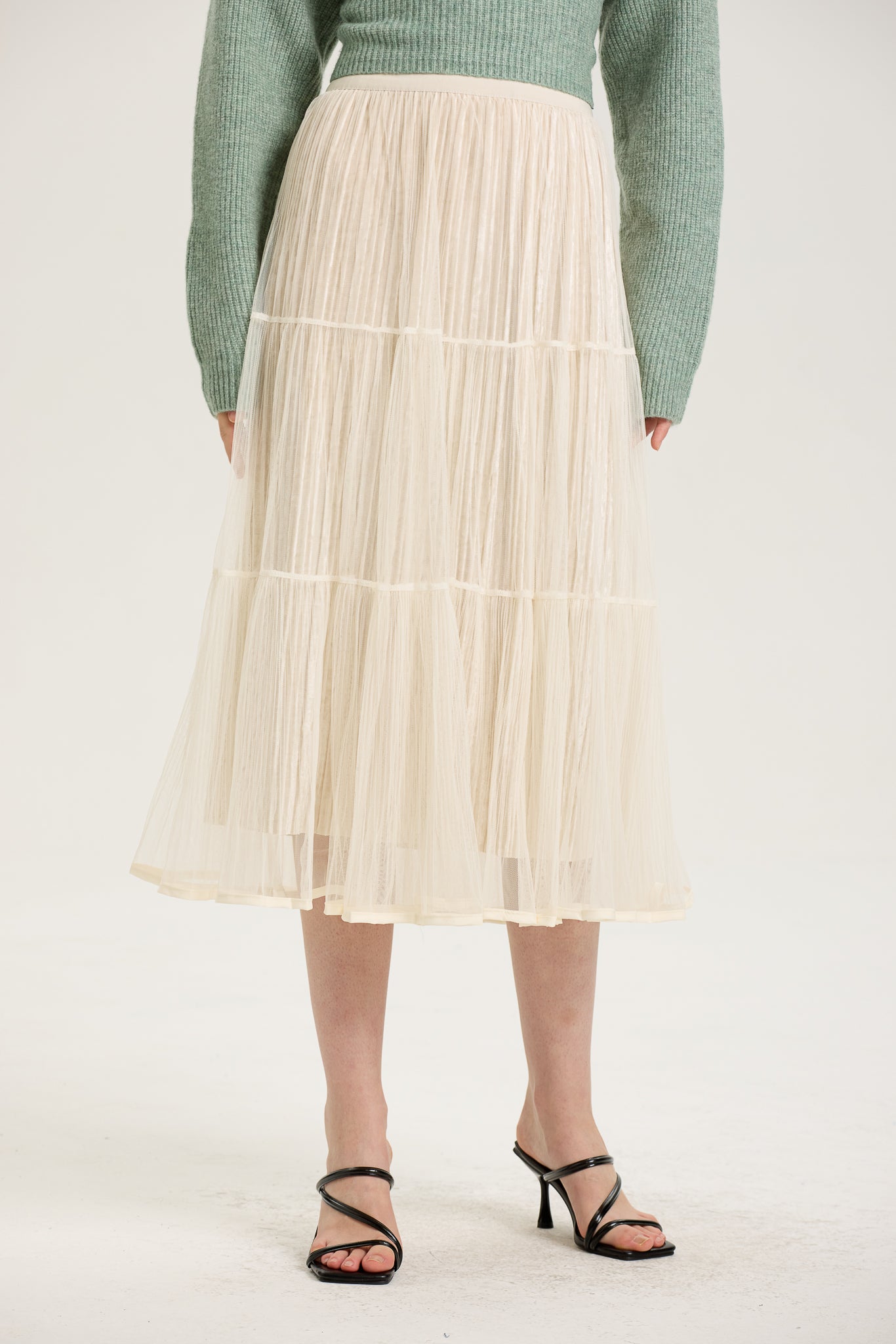 Ivory Layered Mesh Pleated Midi Skirt (2S-2M-2L)