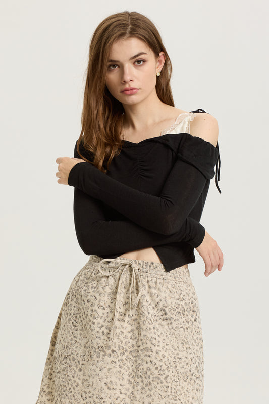 Two-Tone Knit Top with Shoulder Tie (2S-2M-2L)