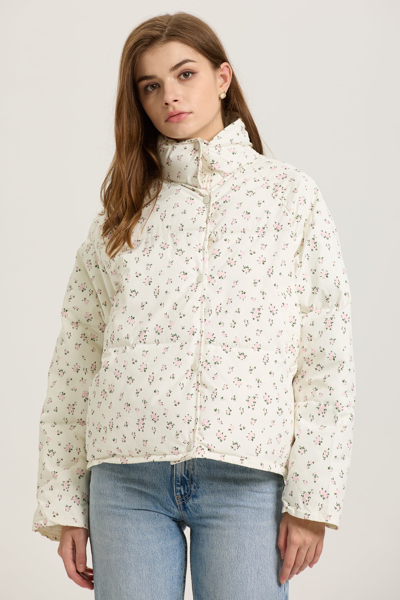 Floral Print Quilted Puffer Jacket with High Collar (2S-2M-2L)