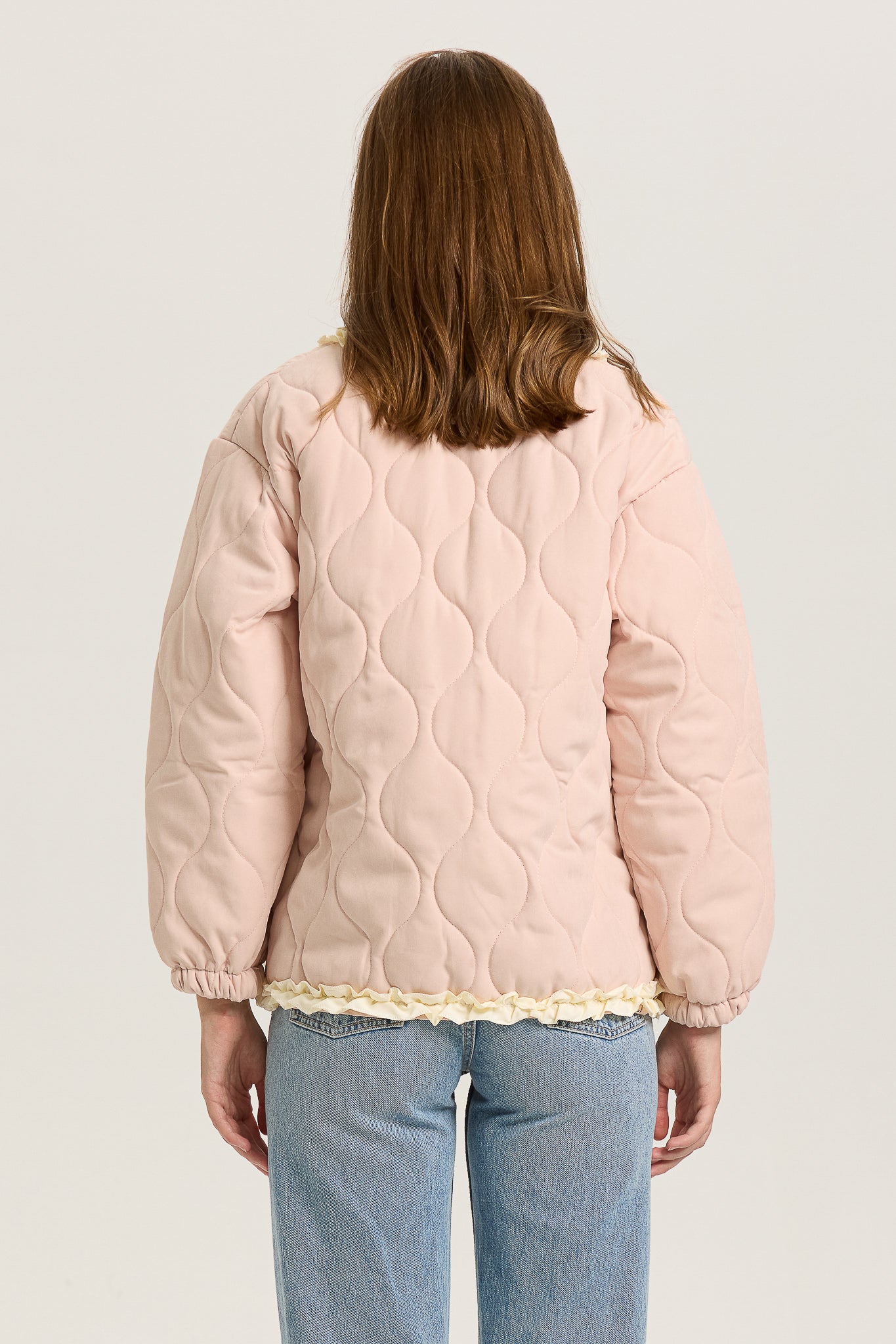 Pink Quilted Puffer Jacket with Ruffle Trim  (2S-2M-2L)