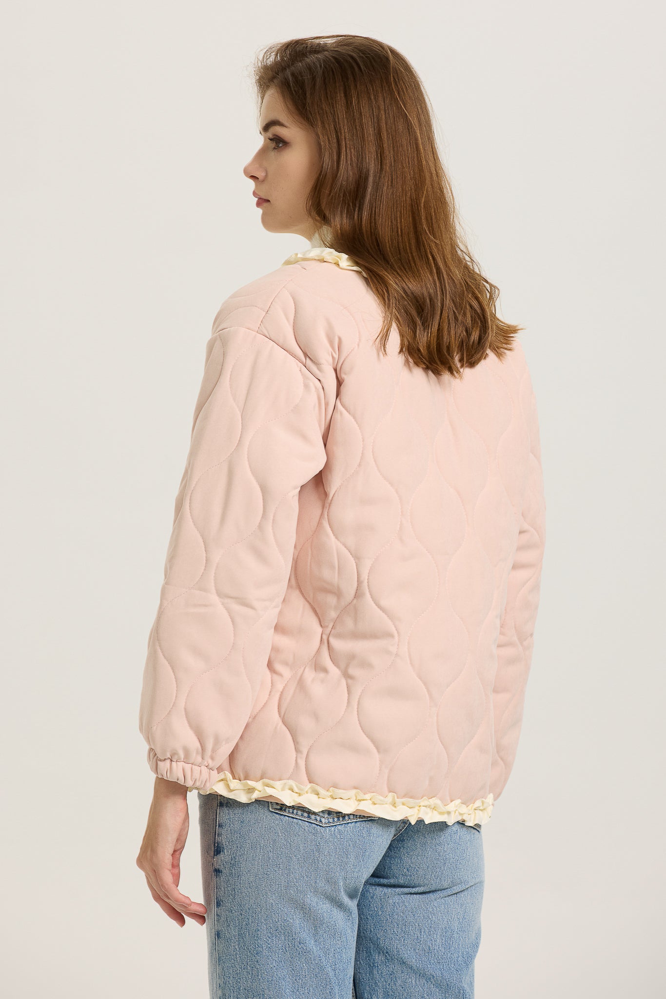 Pink Quilted Puffer Jacket with Ruffle Trim  (2S-2M-2L)