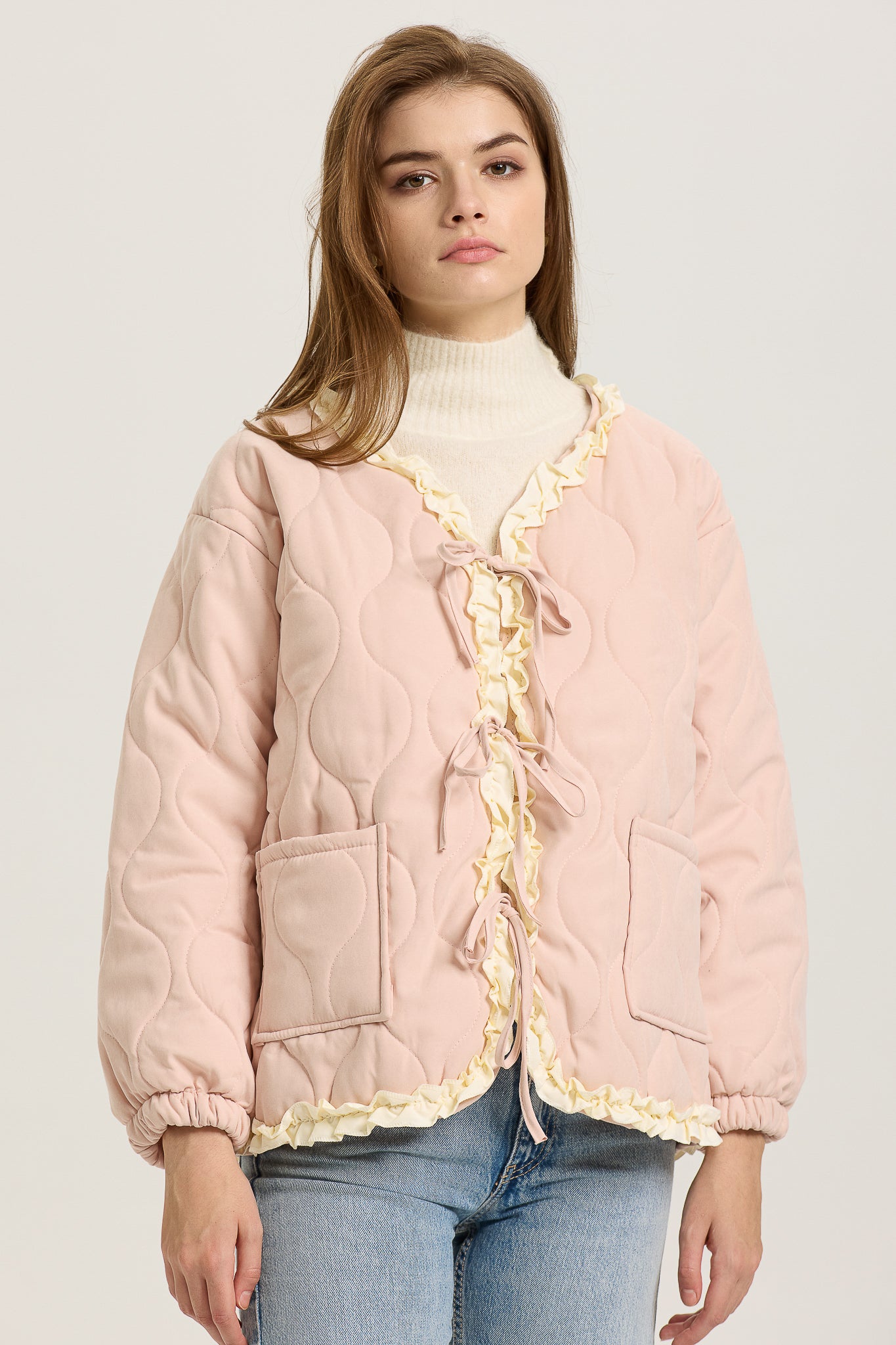 Pink Quilted Puffer Jacket with Ruffle Trim  (2S-2M-2L)