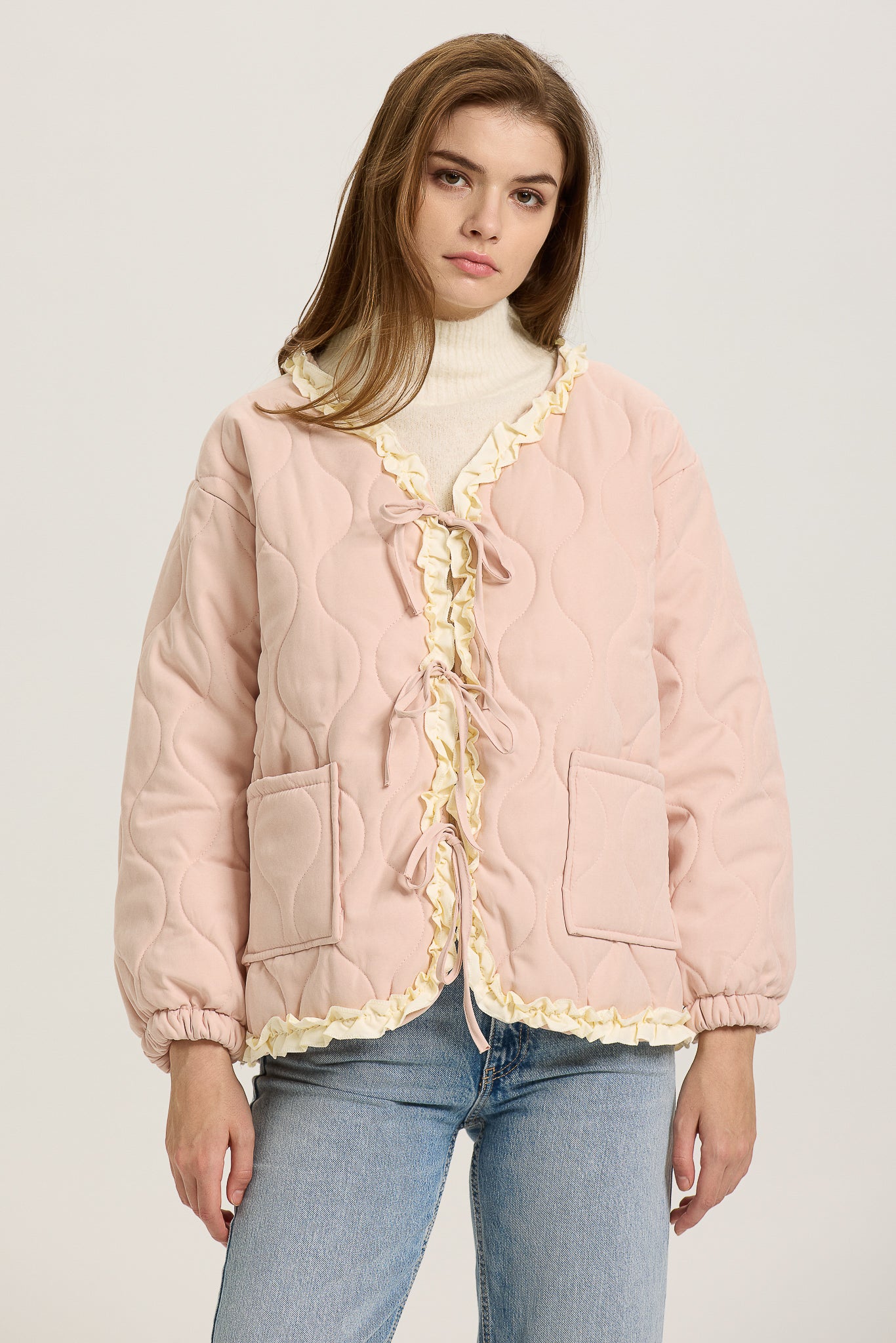 Pink Quilted Puffer Jacket with Ruffle Trim  (2S-2M-2L)