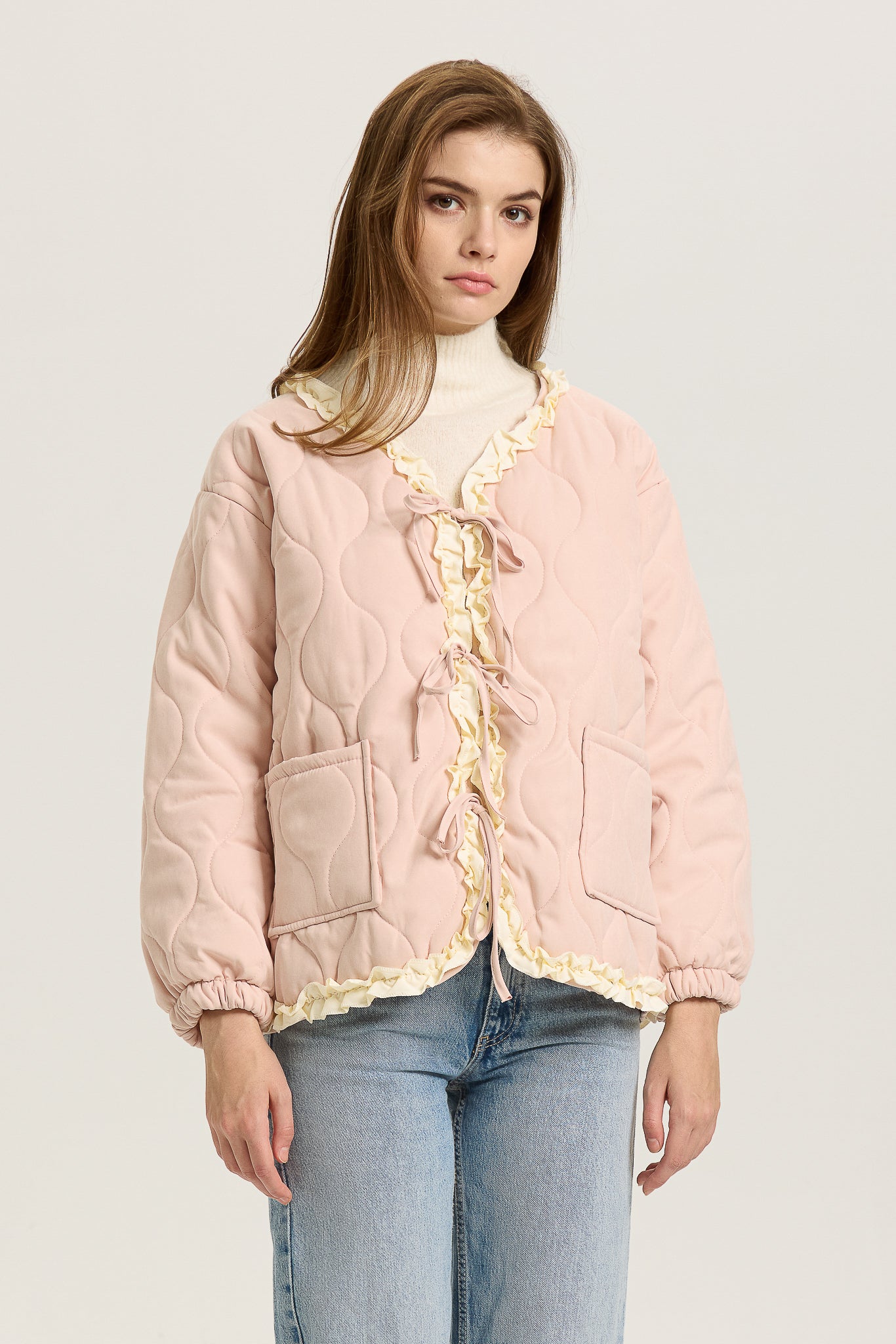 Pink Quilted Puffer Jacket with Ruffle Trim  (2S-2M-2L)