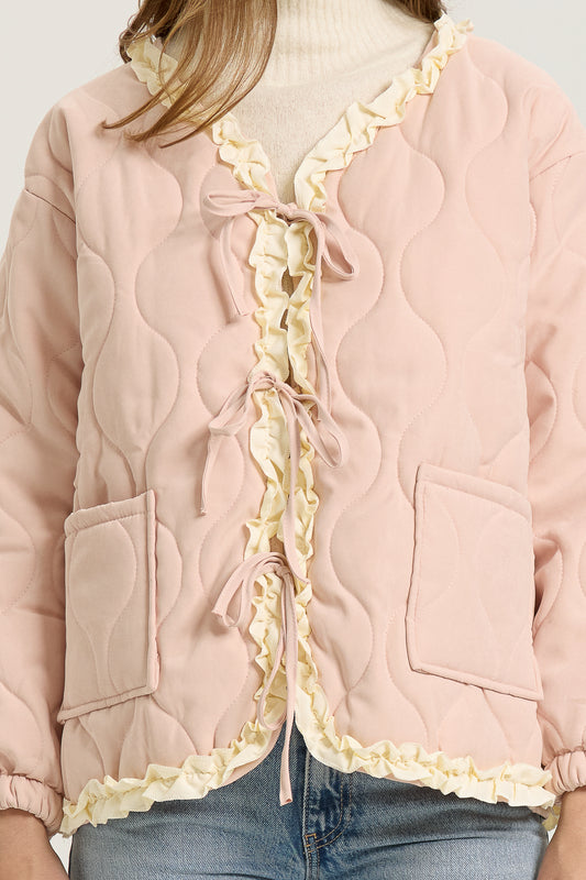 Pink Quilted Puffer Jacket with Ruffle Trim  (2S-2M-2L)