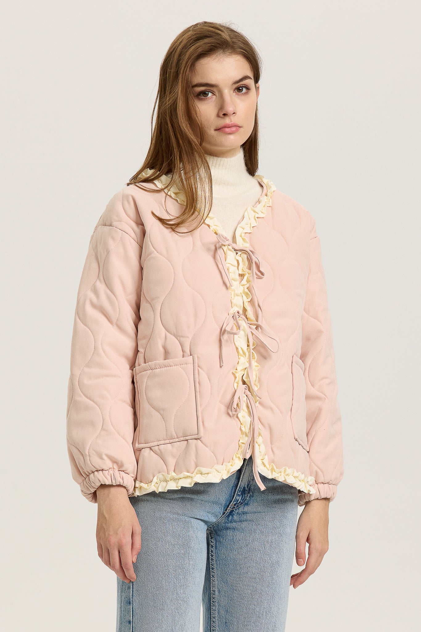 Pink Quilted Puffer Jacket with Ruffle Trim  (2S-2M-2L)