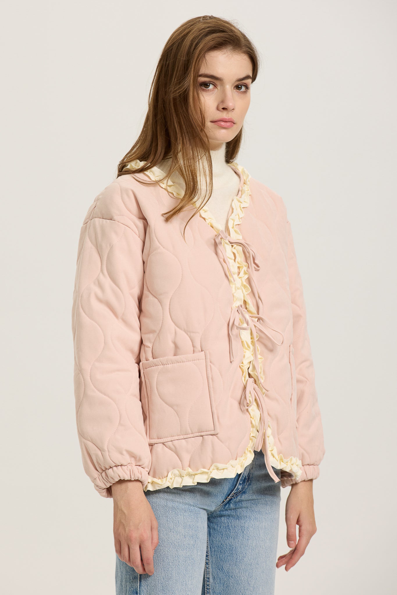 Pink Quilted Puffer Jacket with Ruffle Trim  (2S-2M-2L)