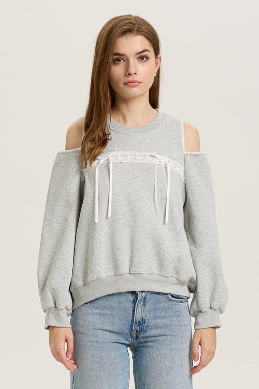 Lace-Trimmed Sweatshirt with Ribbon Details(2S-2M-2L)