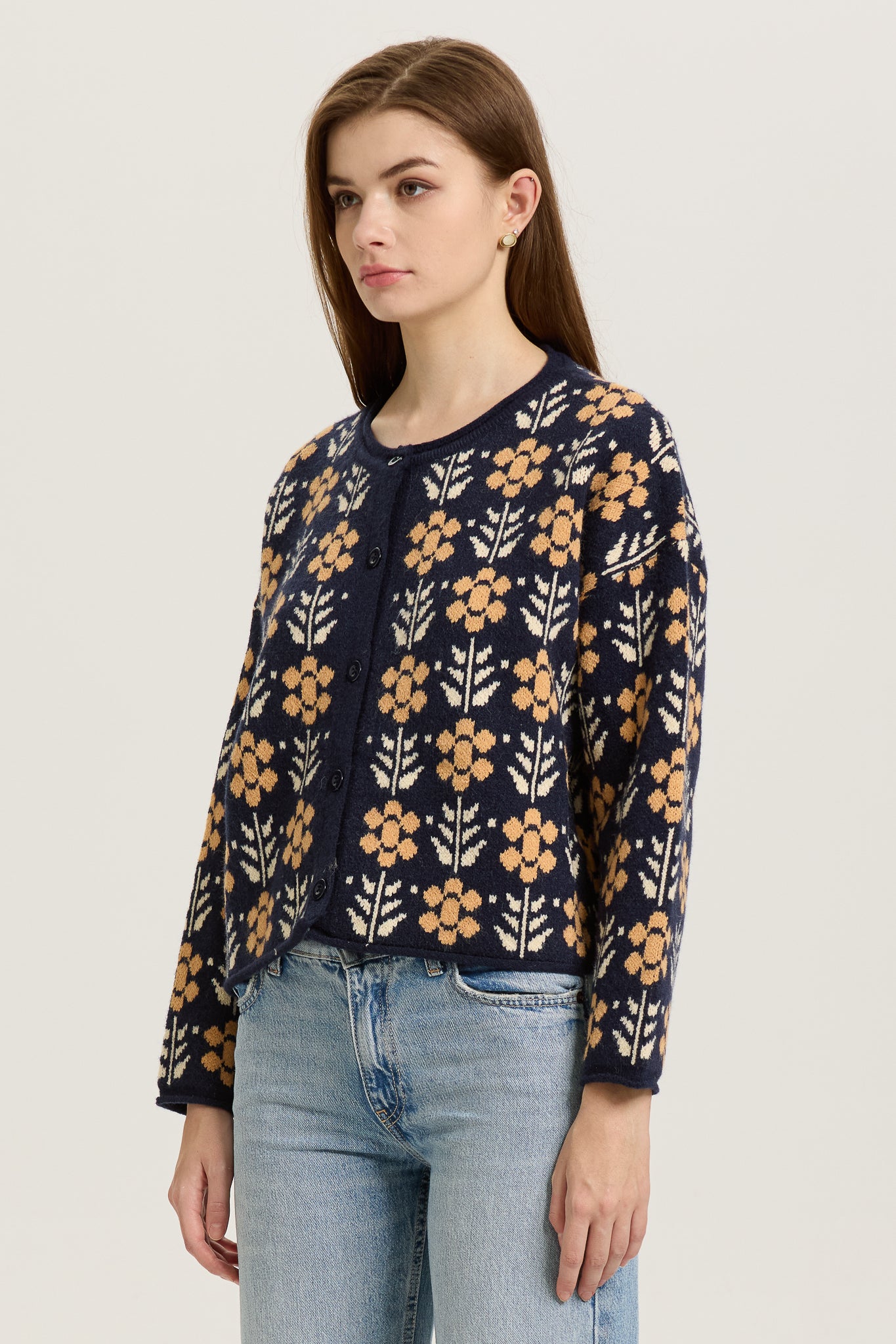 Navy and Mustard Floral Knit Cardigan (2S-2M-2L)