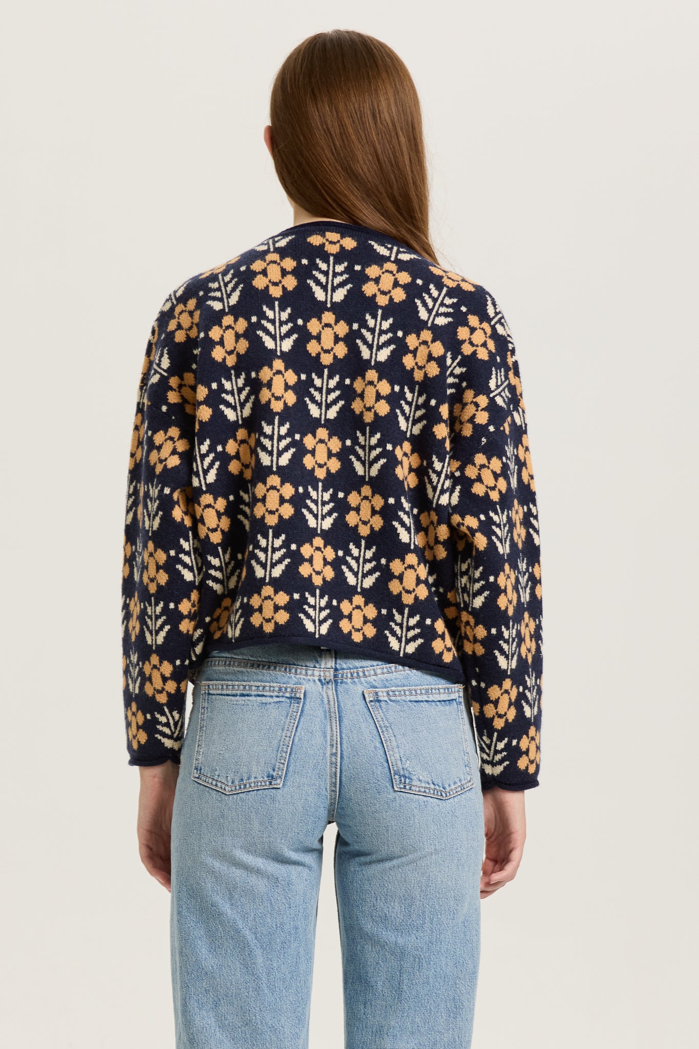 Navy and Mustard Floral Knit Cardigan (2S-2M-2L)