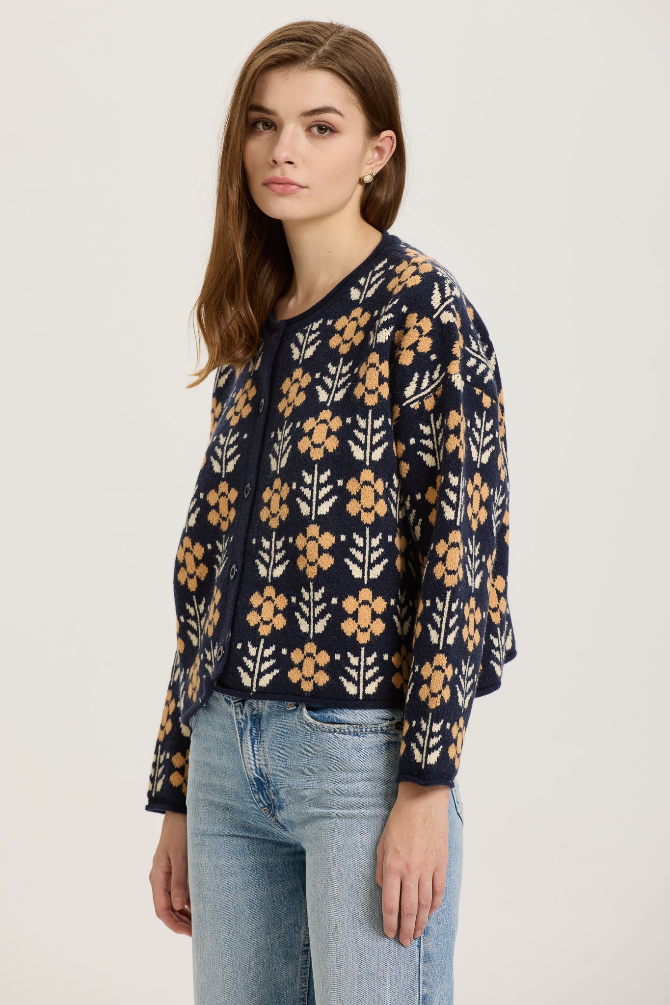 Navy and Mustard Floral Knit Cardigan (2S-2M-2L)