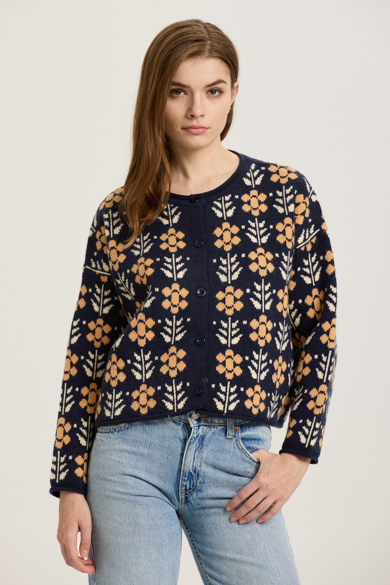 Navy and Mustard Floral Knit Cardigan (2S-2M-2L)