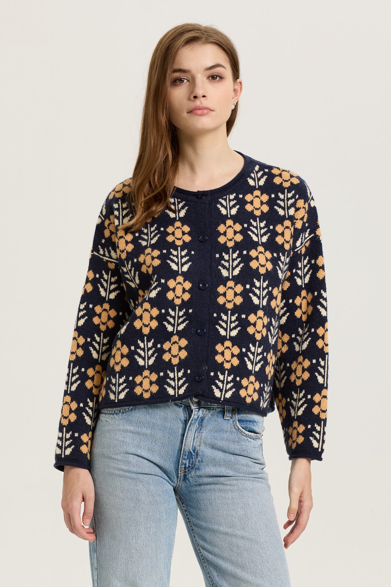 Navy and Mustard Floral Knit Cardigan (2S-2M-2L)