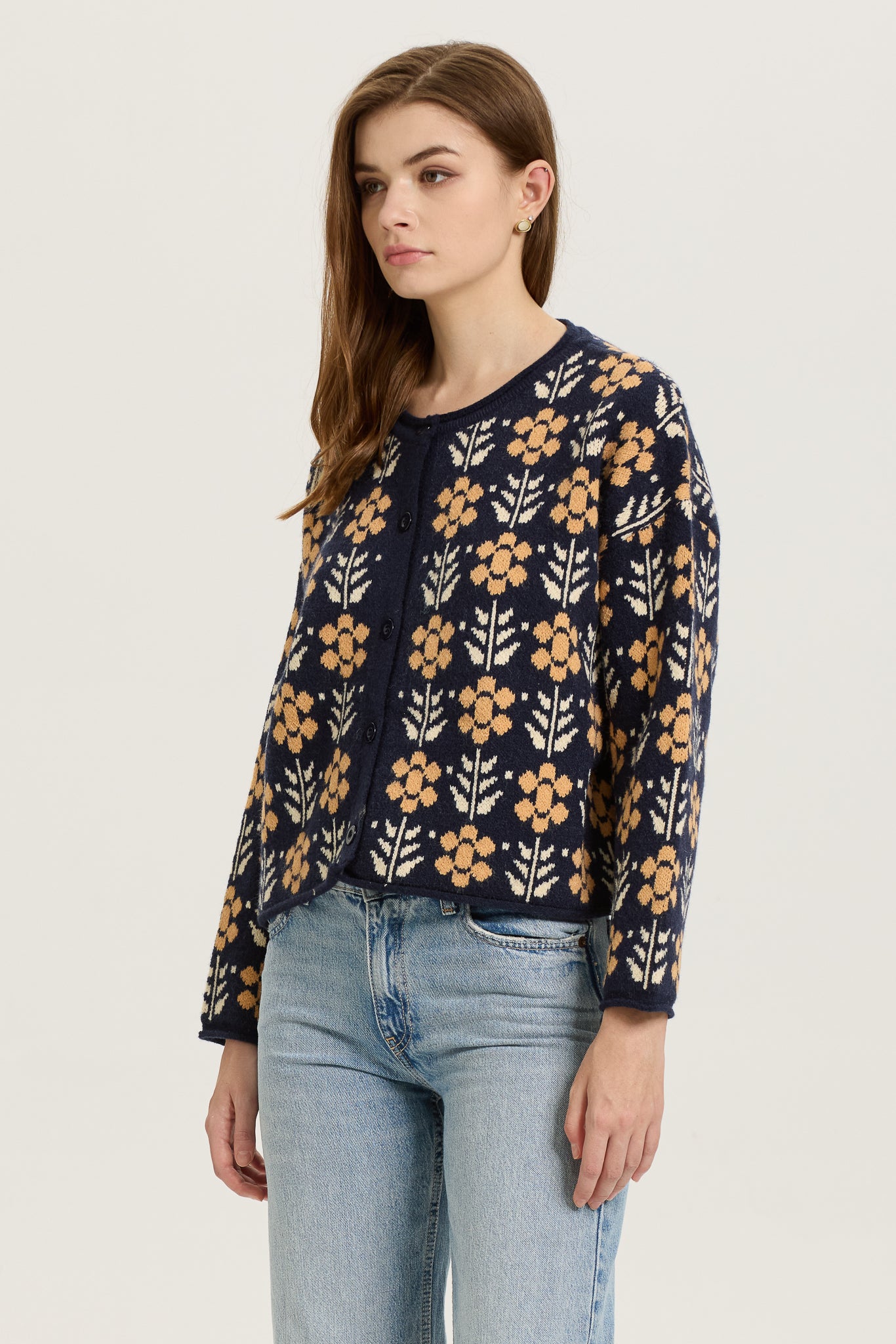 Navy and Mustard Floral Knit Cardigan (2S-2M-2L)