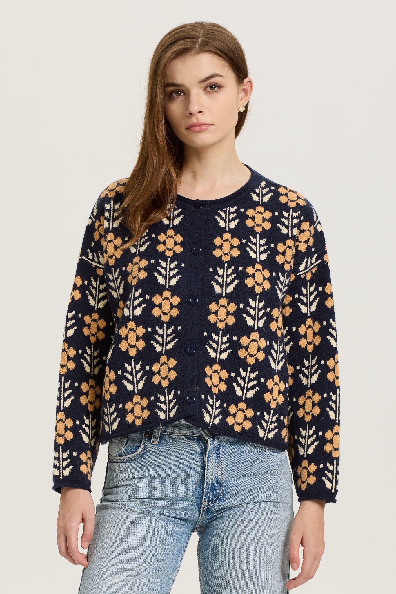 Navy and Mustard Floral Knit Cardigan (2S-2M-2L)