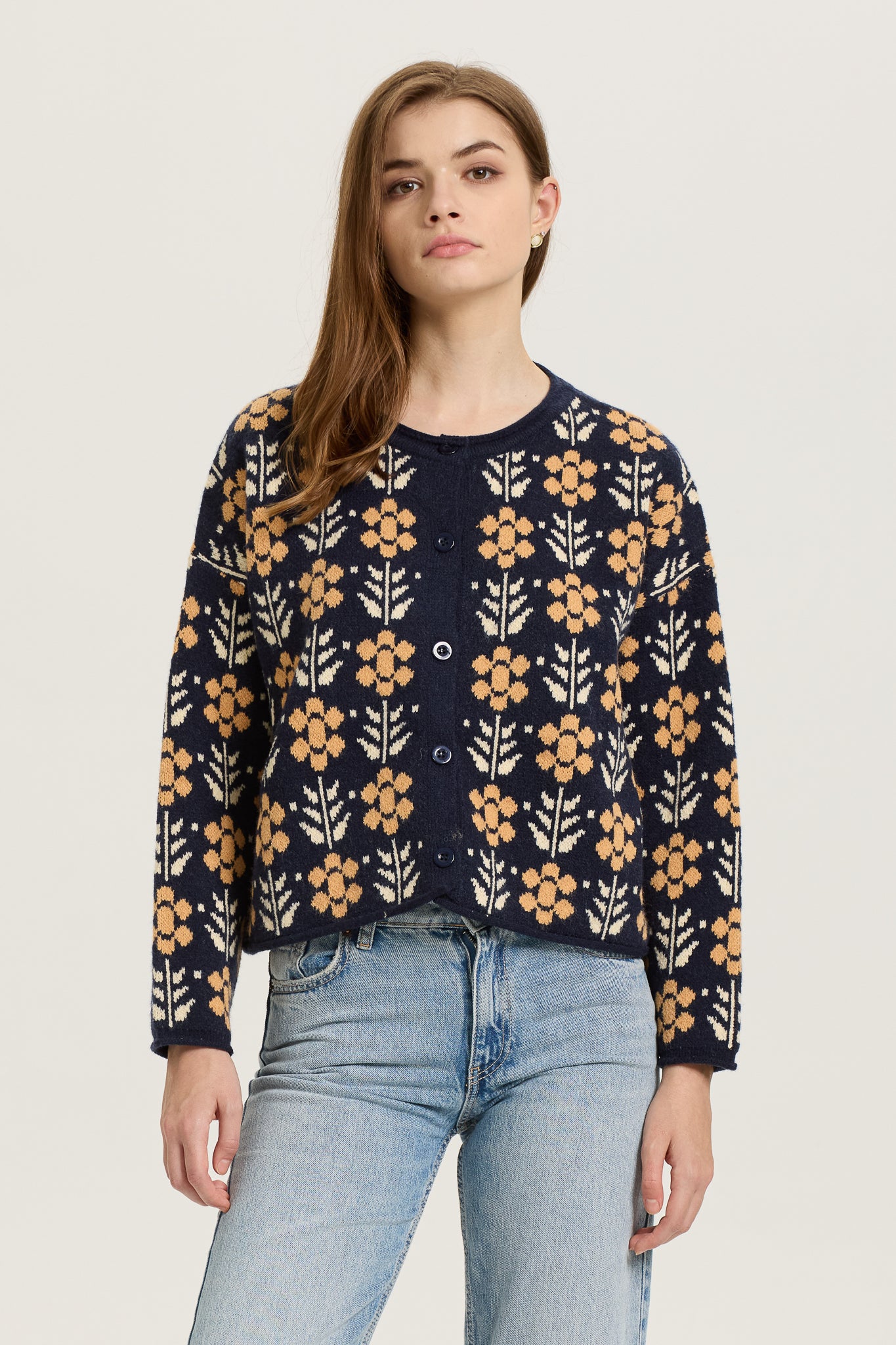 Navy and Mustard Floral Knit Cardigan (2S-2M-2L)