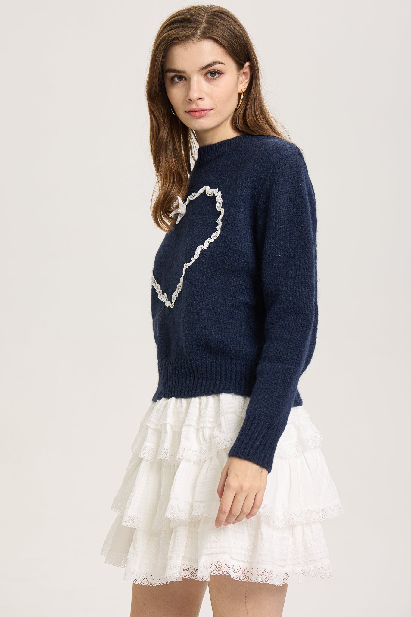 Lace-Trimmed Heart Knit Sweater (2S-2M-2L)