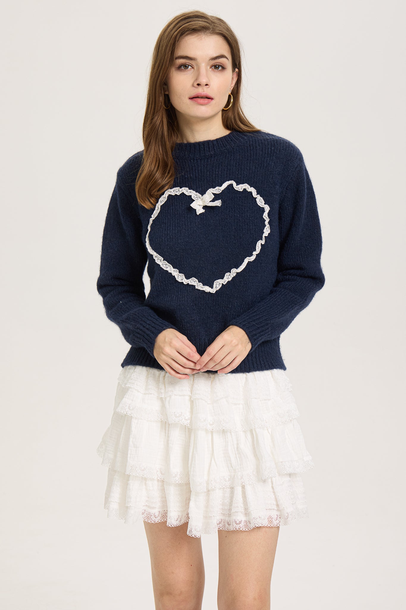 Lace-Trimmed Heart Knit Sweater (2S-2M-2L)