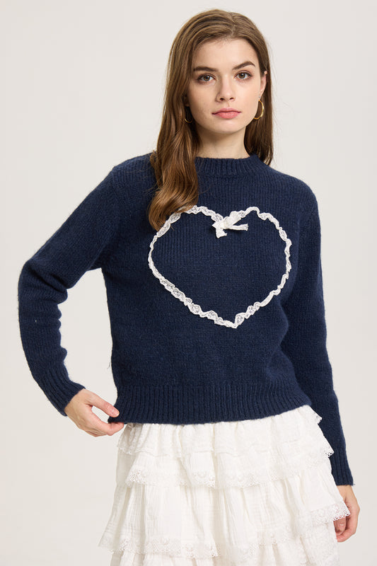 Lace-Trimmed Heart Knit Sweater (2S-2M-2L)