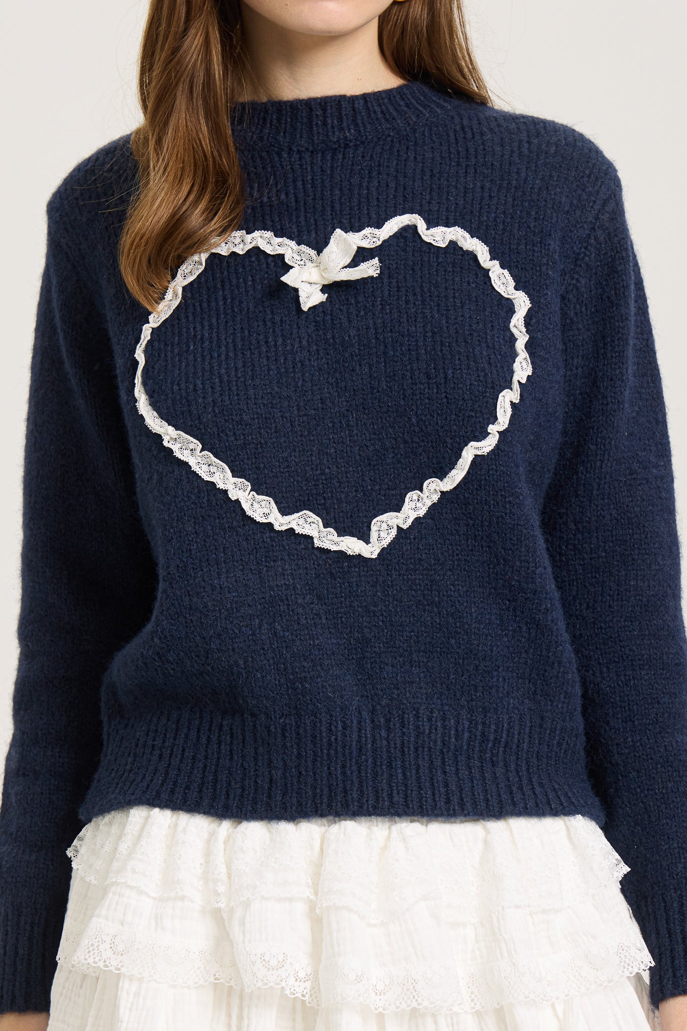 Lace-Trimmed Heart Knit Sweater (2S-2M-2L)