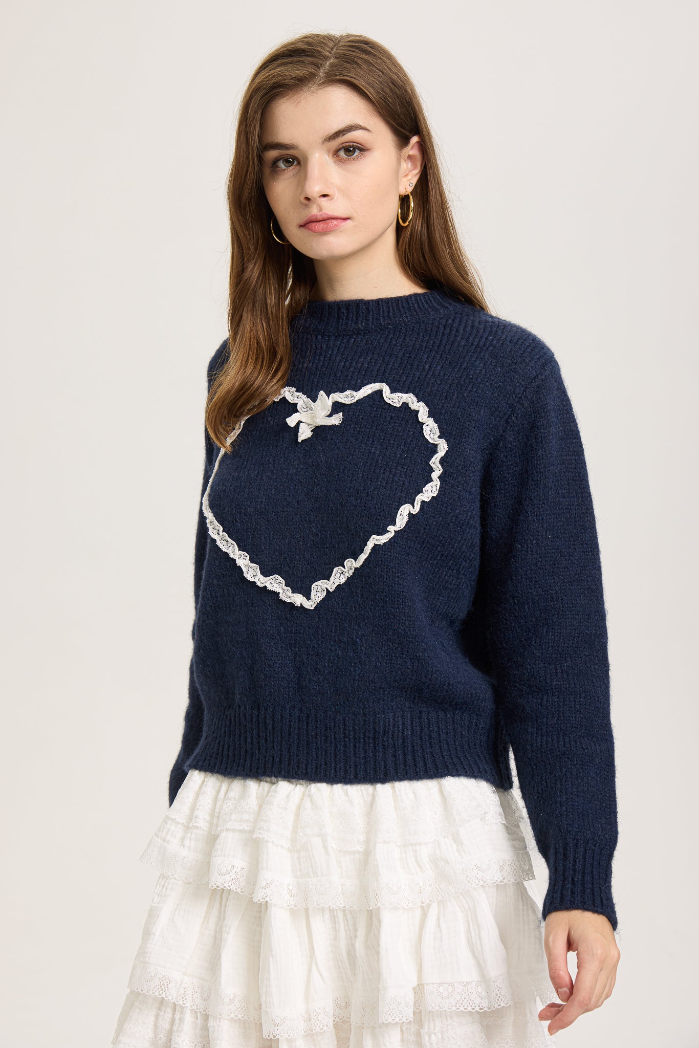 Lace-Trimmed Heart Knit Sweater (2S-2M-2L)