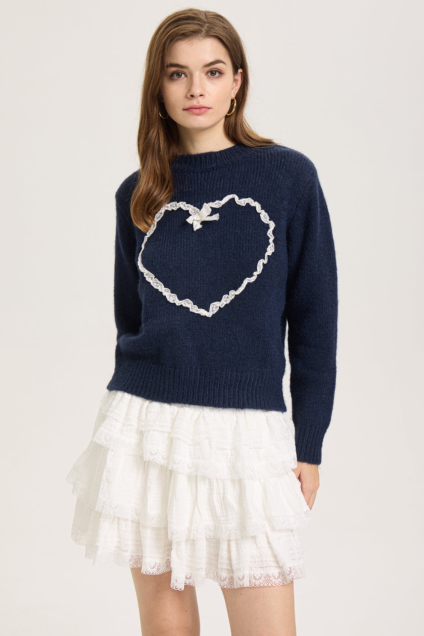 Lace-Trimmed Heart Knit Sweater (2S-2M-2L)