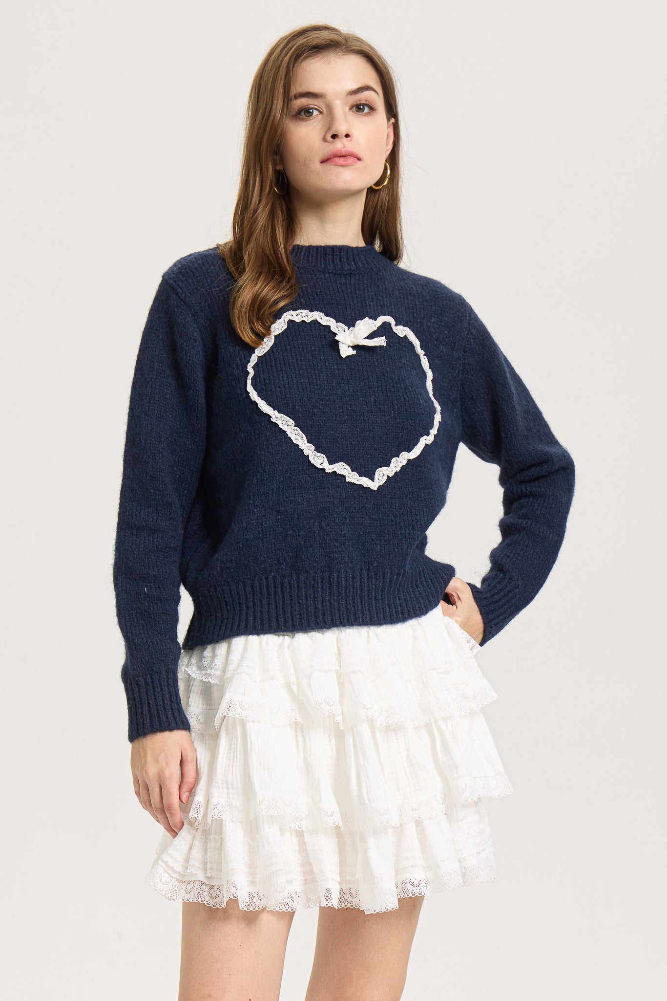 Lace-Trimmed Heart Knit Sweater (2S-2M-2L)