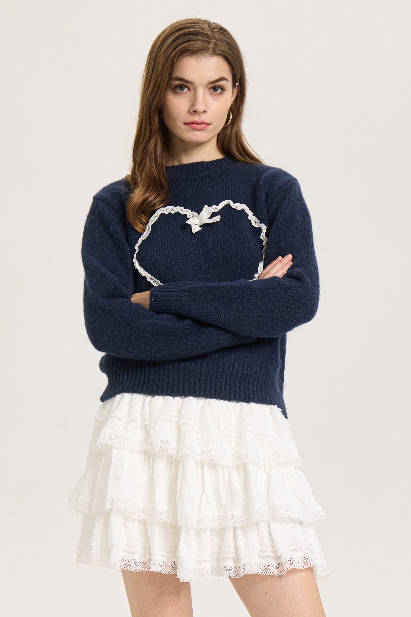 Lace-Trimmed Heart Knit Sweater (2S-2M-2L)