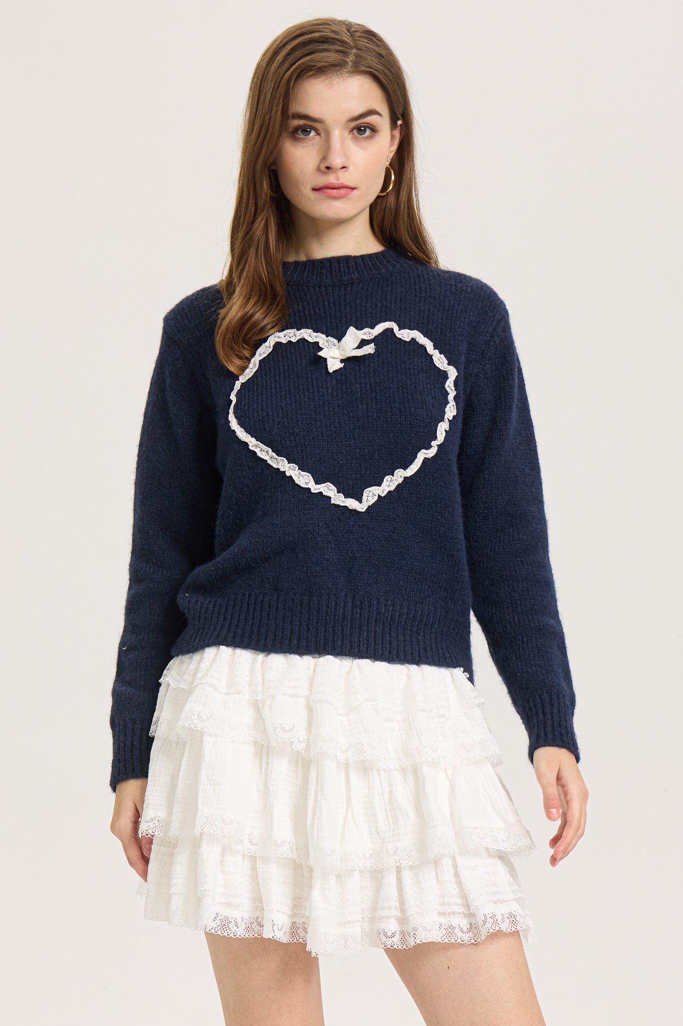 Lace-Trimmed Heart Knit Sweater (2S-2M-2L)