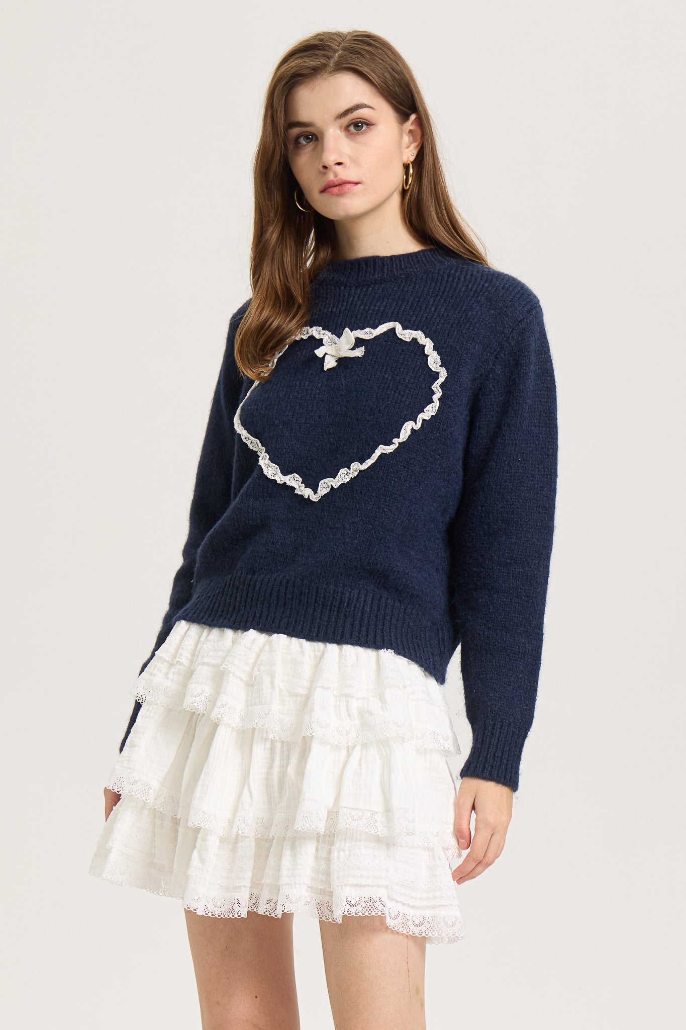 Lace-Trimmed Heart Knit Sweater (2S-2M-2L)