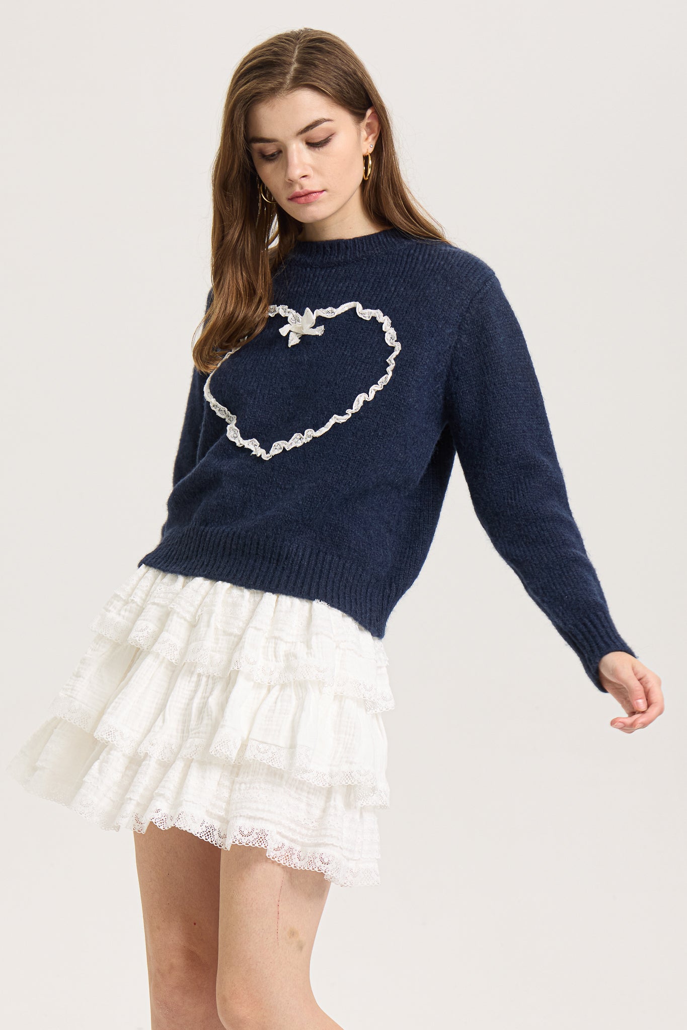 Lace-Trimmed Heart Knit Sweater (2S-2M-2L)