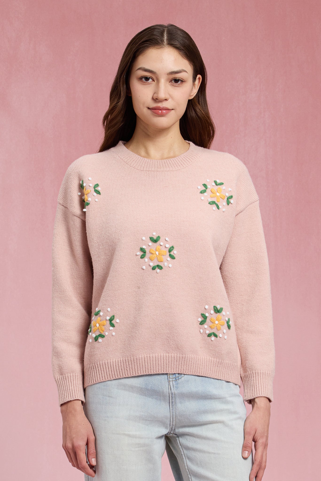 RP2428 - Light Pink Sweater with Embroidered Flowers (2S-2M-2L)