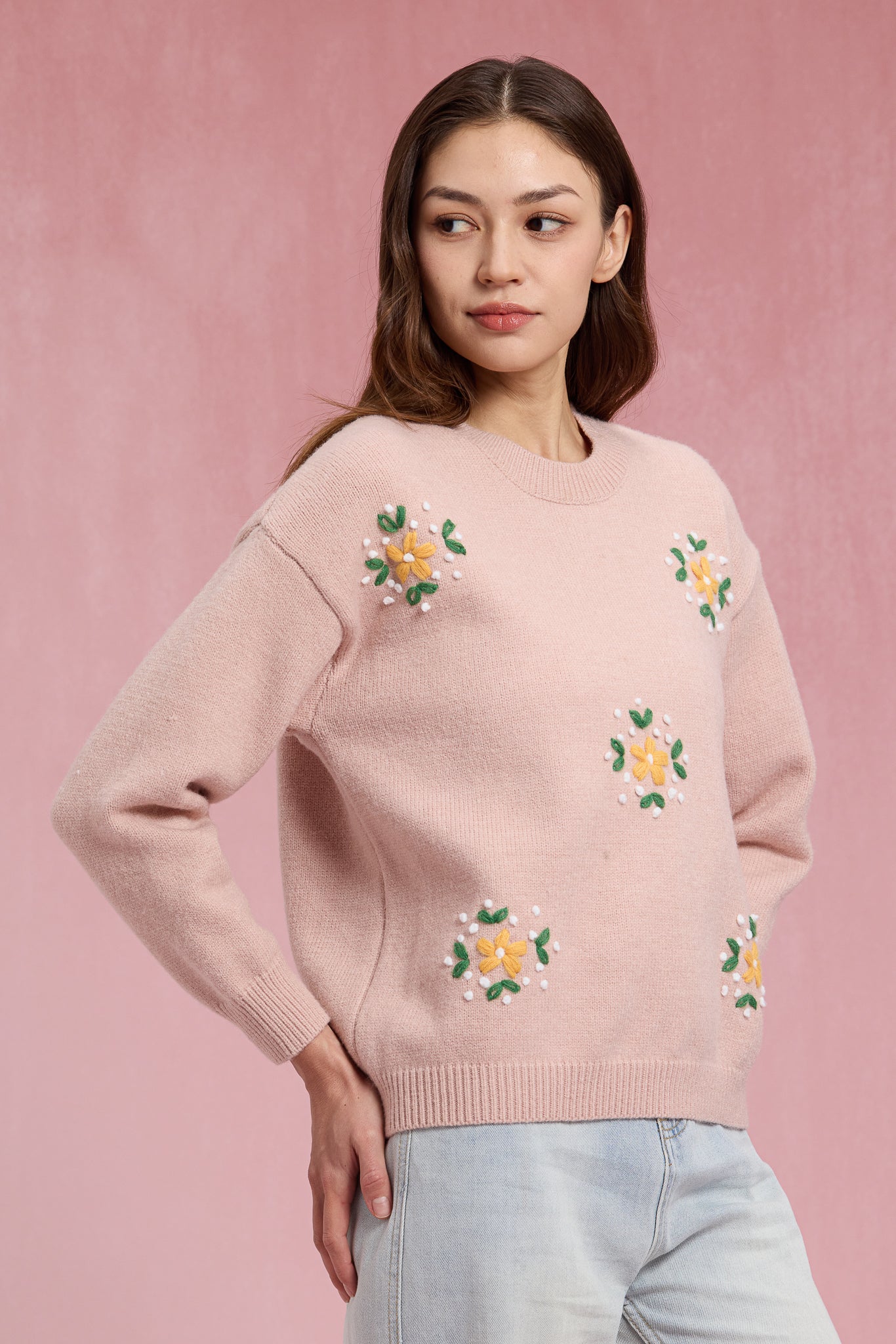 RP2428 - Light Pink Sweater with Embroidered Flowers (2S-2M-2L)