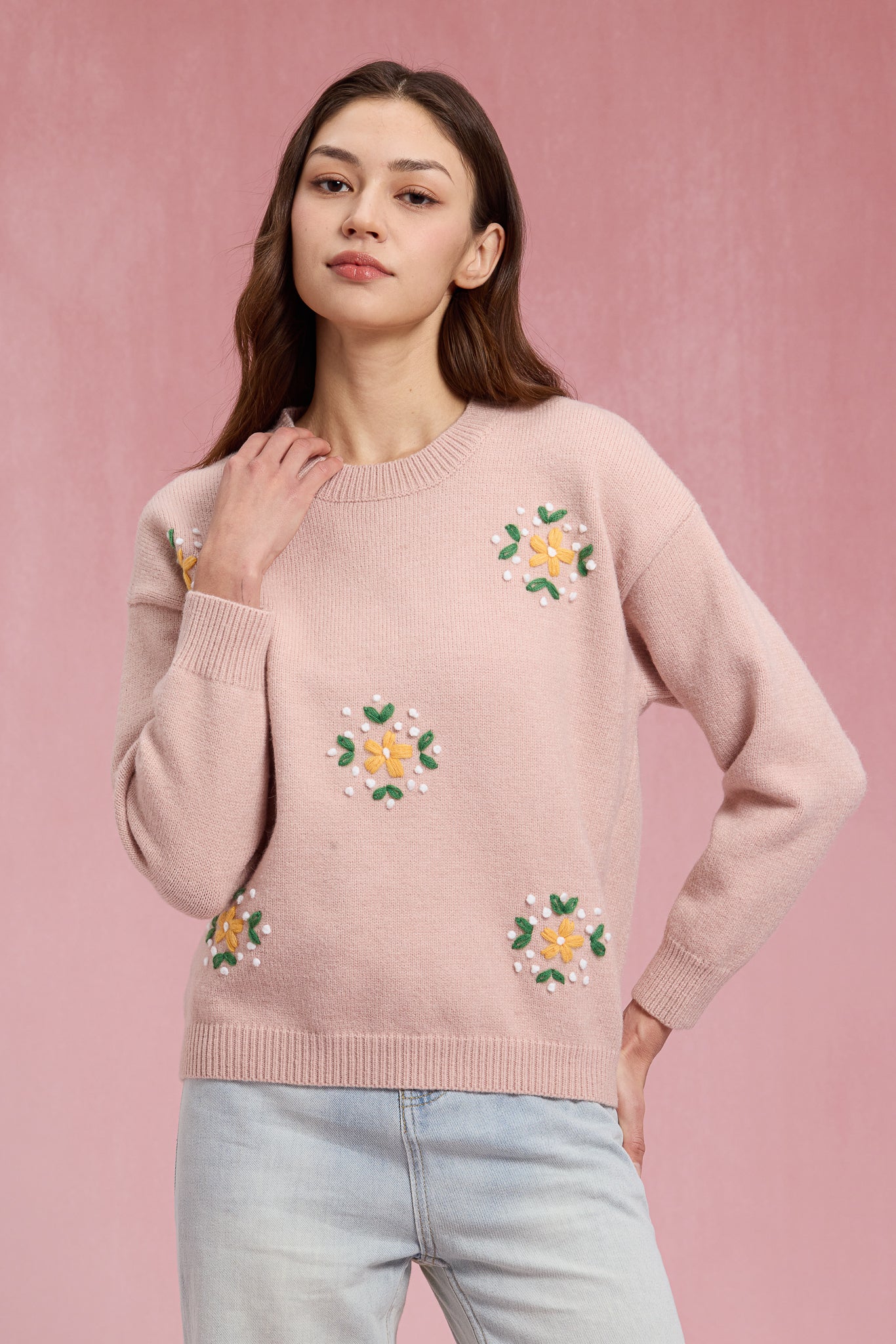 RP2428 - Light Pink Sweater with Embroidered Flowers (2S-2M-2L)