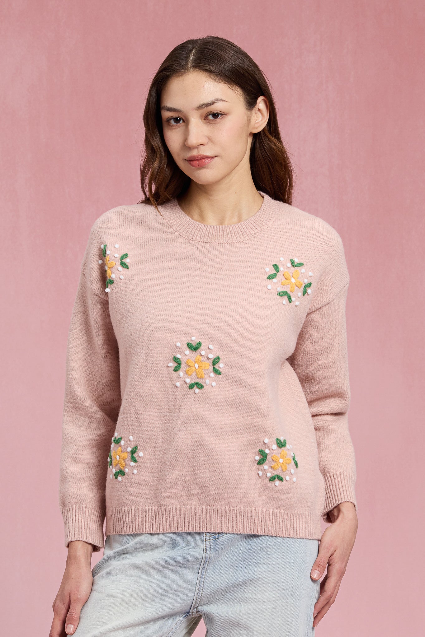 RP2428 - Light Pink Sweater with Embroidered Flowers (2S-2M-2L)