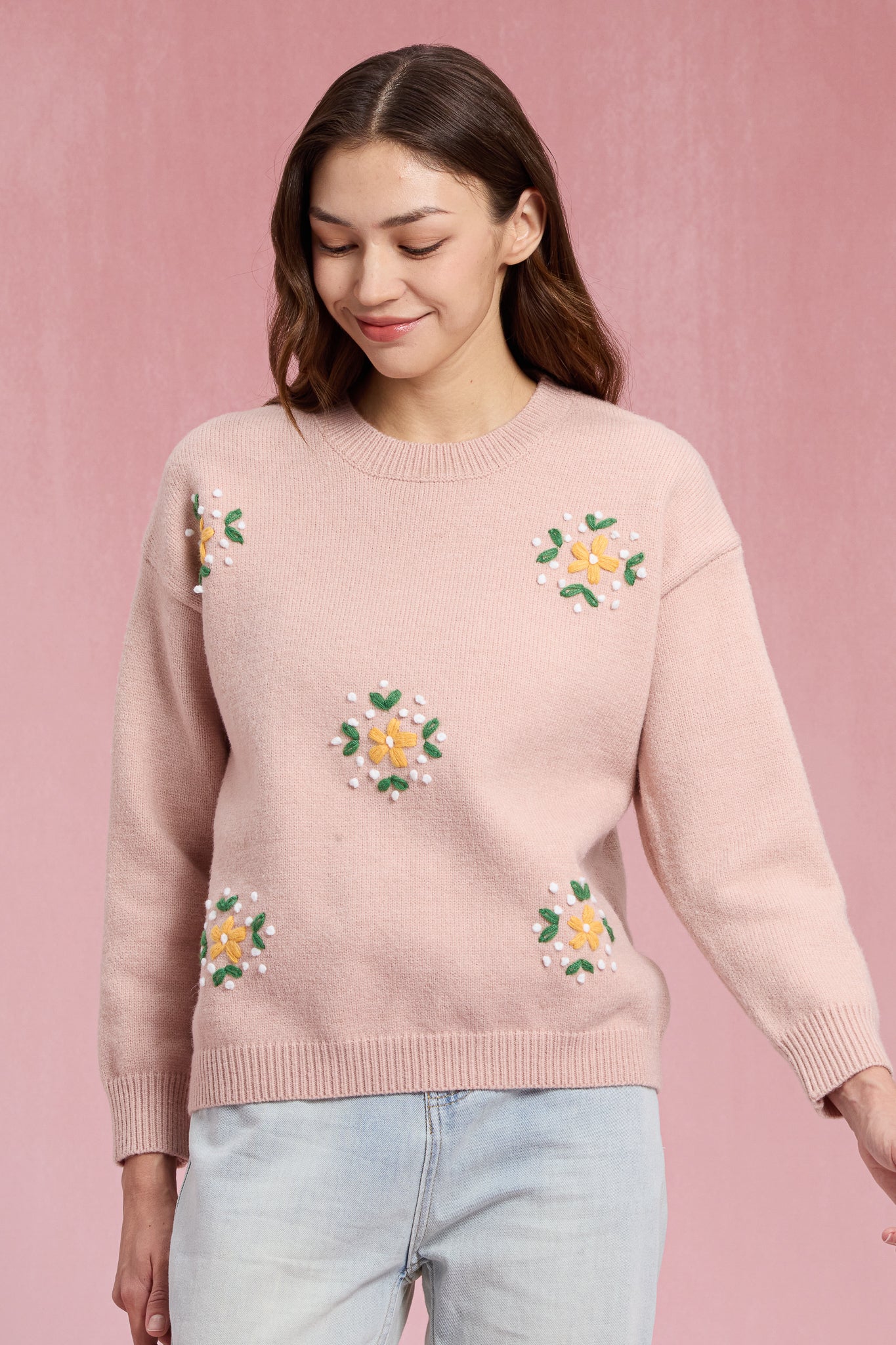 RP2428 - Light Pink Sweater with Embroidered Flowers (2S-2M-2L)