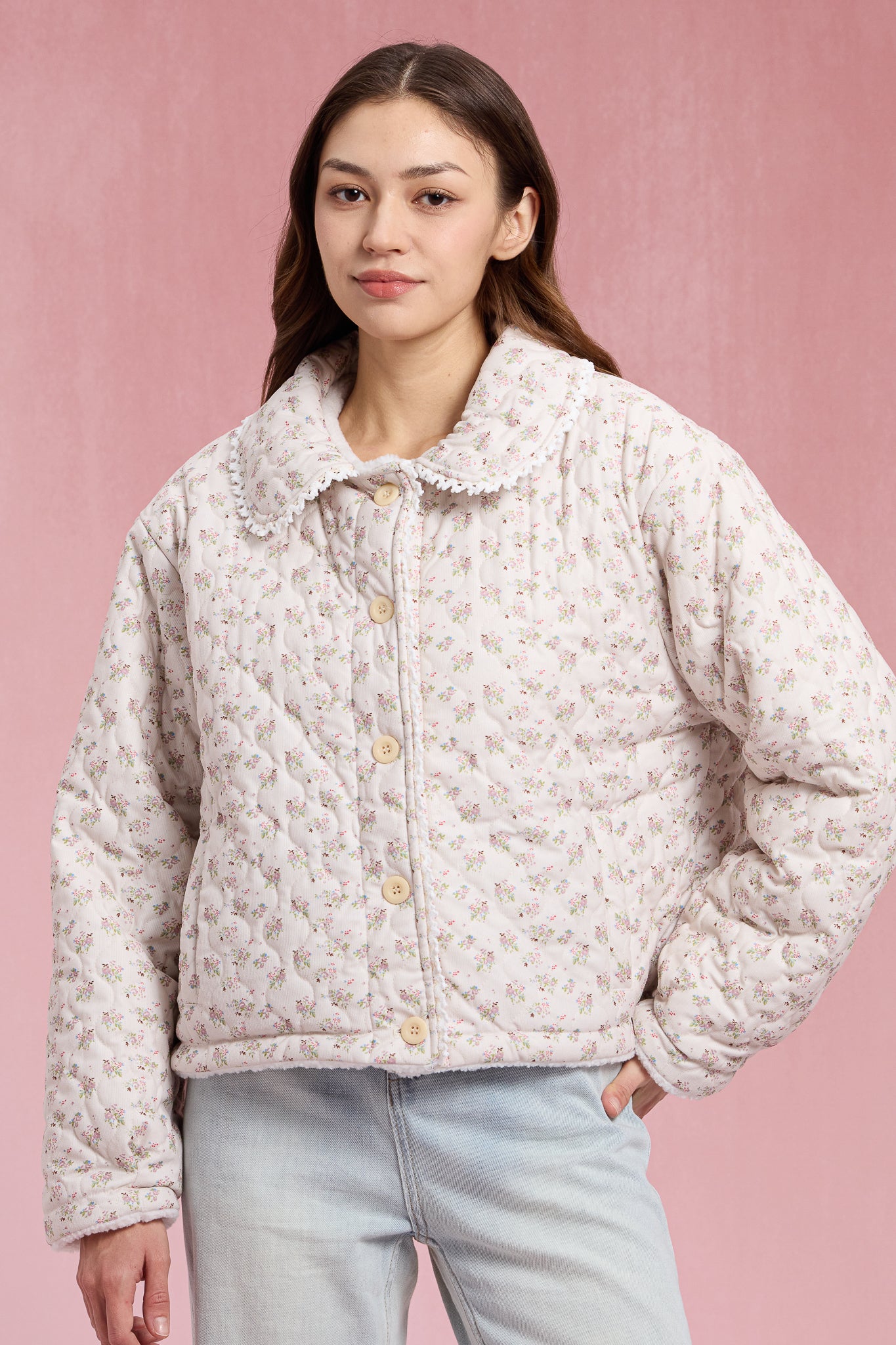 RP2903 - Sherpa-Lined Floral Puffer with Lace Trim (2S-2M-2L)