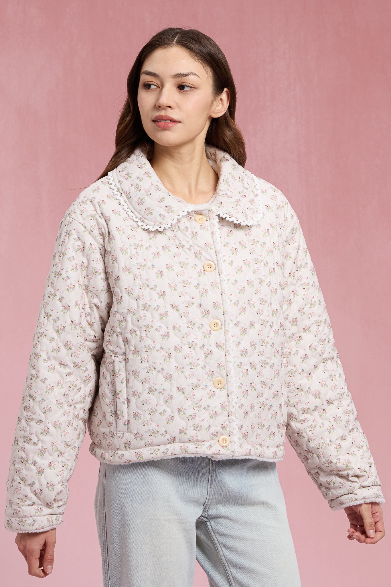 RP2903 - Sherpa-Lined Floral Puffer with Lace Trim (2S-2M-2L)