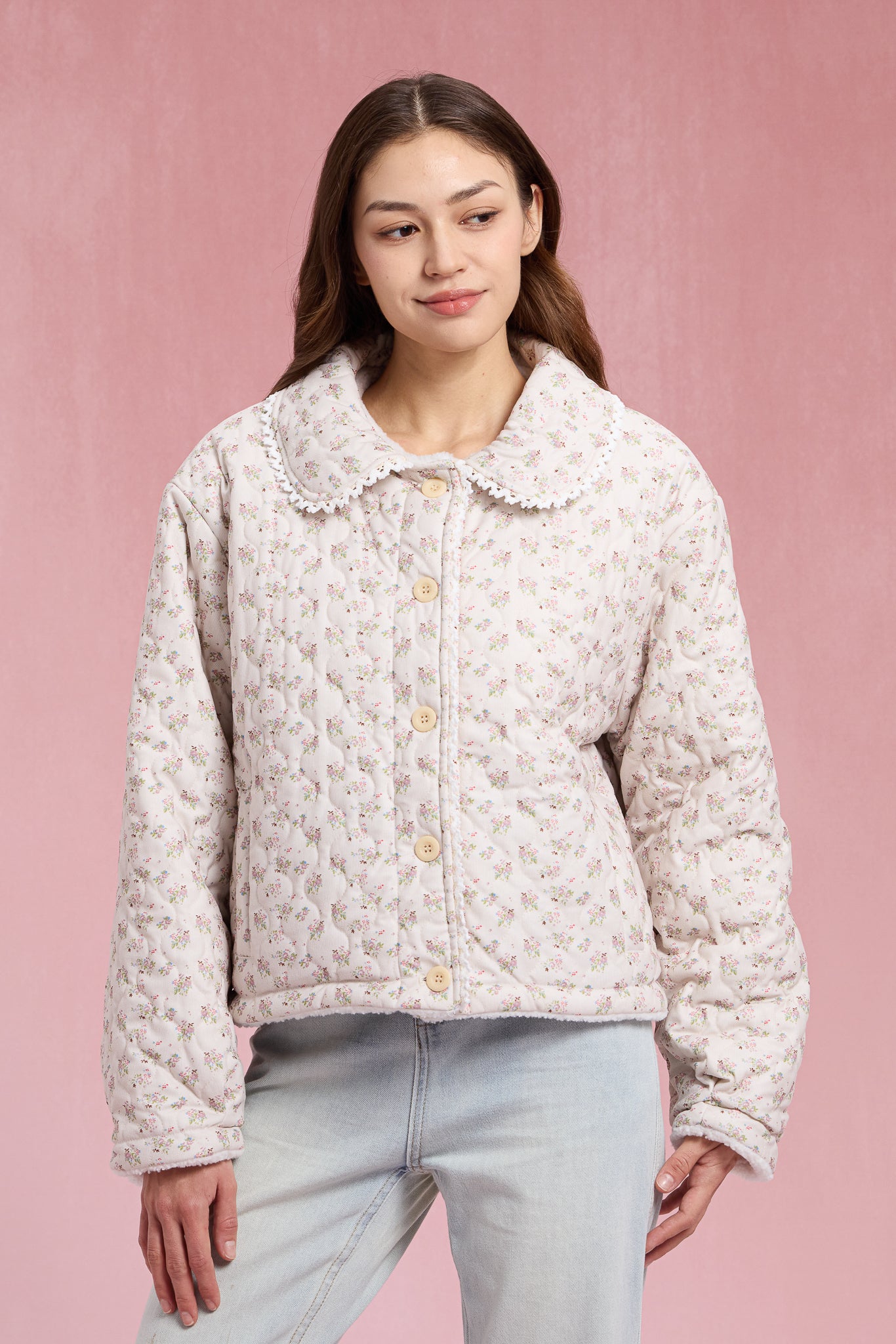 RP2903 - Sherpa-Lined Floral Puffer with Lace Trim (2S-2M-2L)