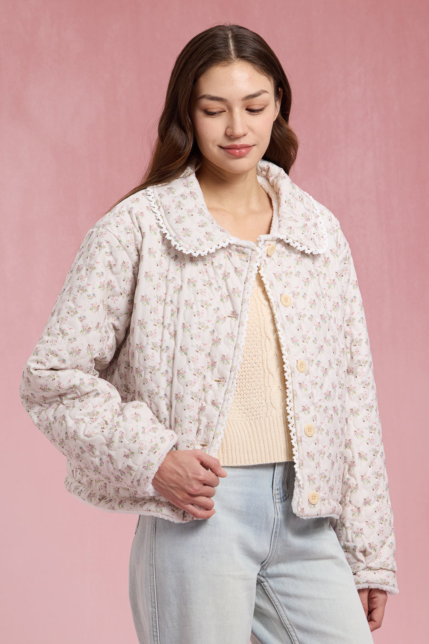 RP2903 - Sherpa-Lined Floral Puffer with Lace Trim (2S-2M-2L)